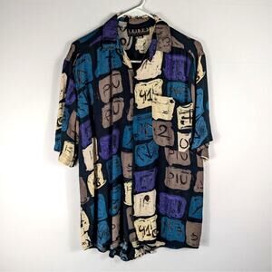 Tribes Nepal Rayon Shirt L Abstract 90s Pattern Button Short Sleeve Vintage